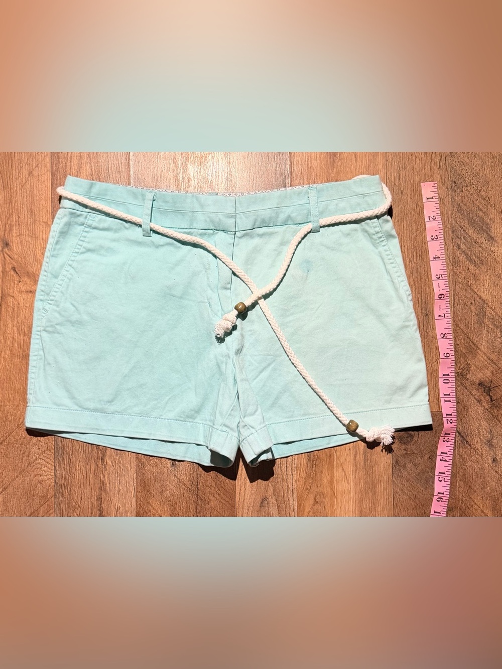 Cambridge Dry Goods Light Aqua High-Waist Cotton Shorts with Rope Belt
